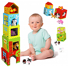 Забавна кула с картонени кубчета и дървени фигури Ферма, Образователни игри